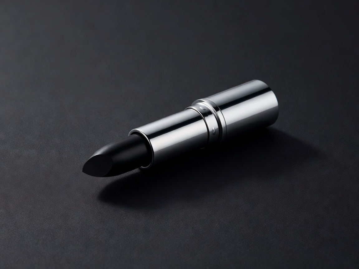 3D render of an open black lipstick bullet with a silver casing lying on a dark matte surface