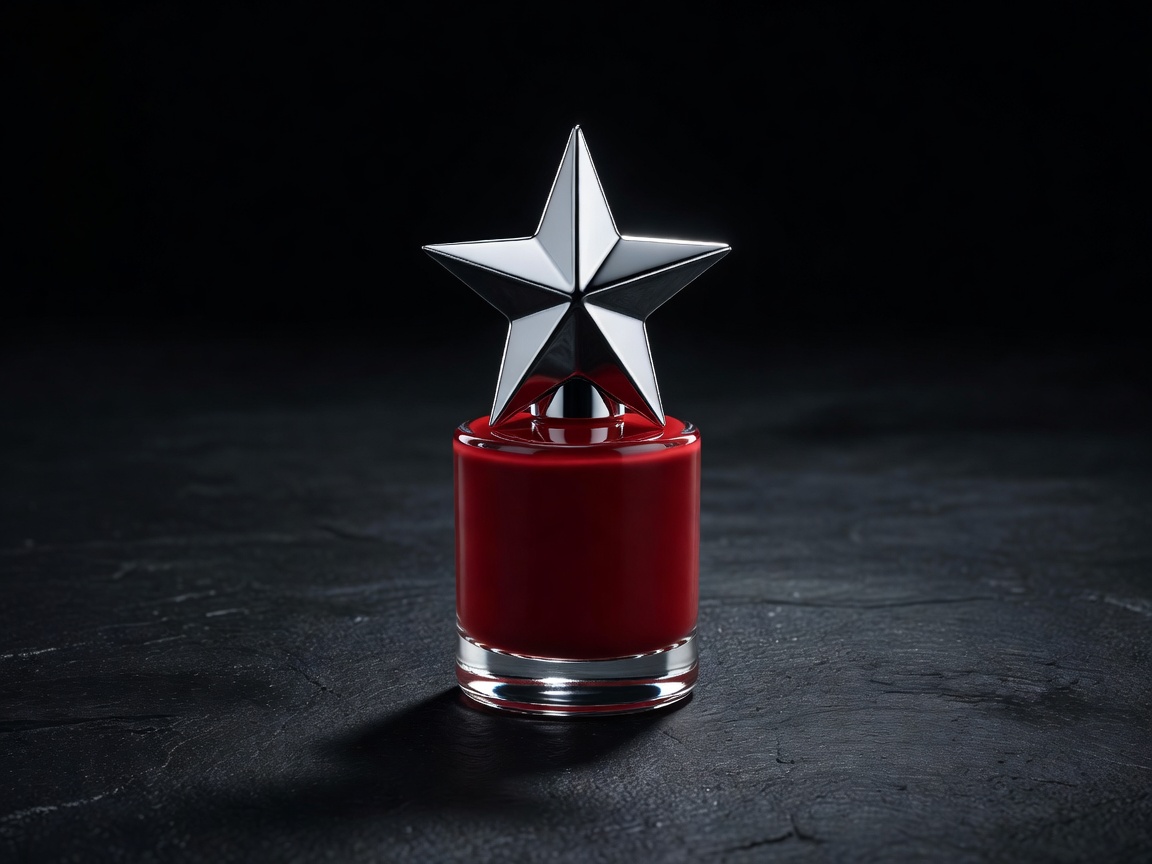 3D render of a nail polish bottle with a star-shaped cap on a dark ground