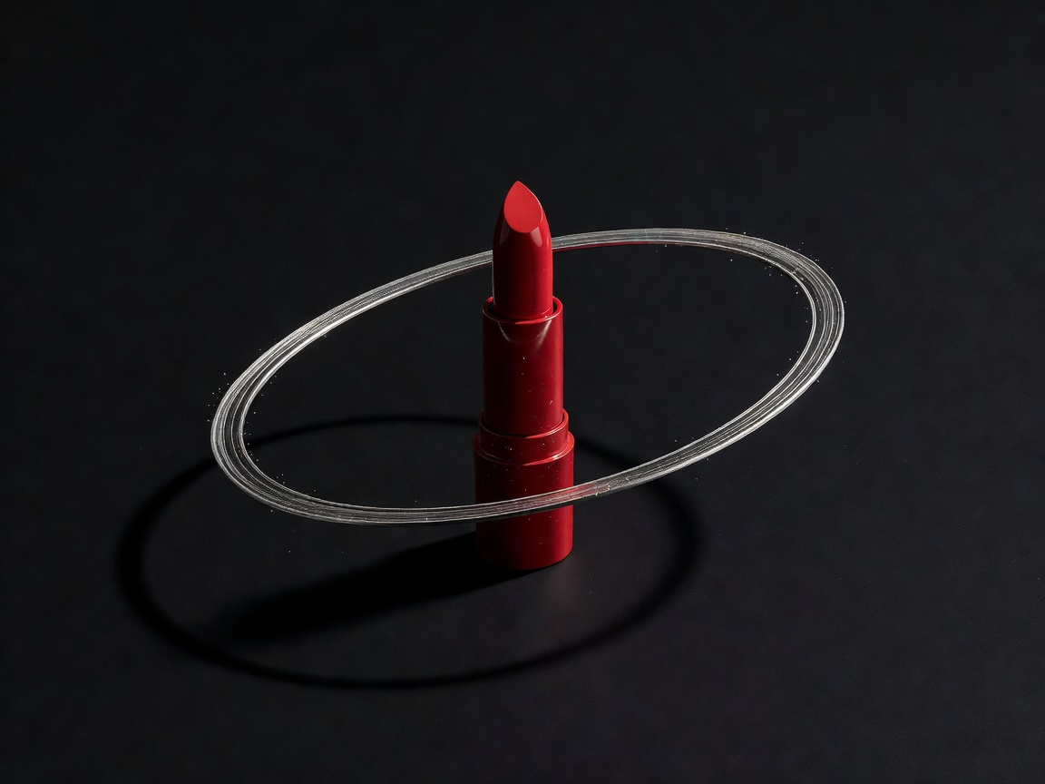 3D render of a crimson lipstick encircled by a silver planetary ring on a plain dark ground