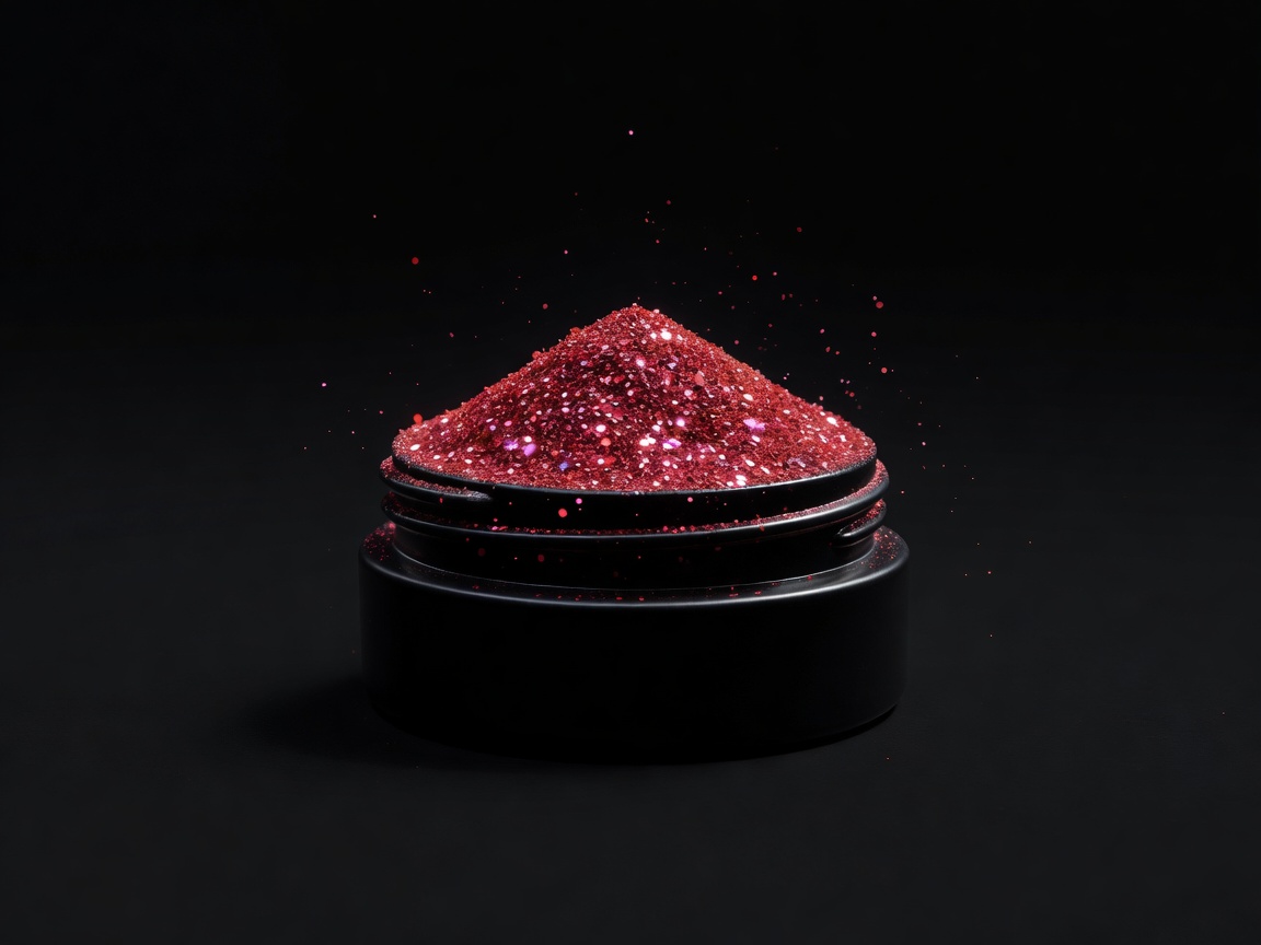 3D render of a small open pot of crimson cosmetic glitter on a black background