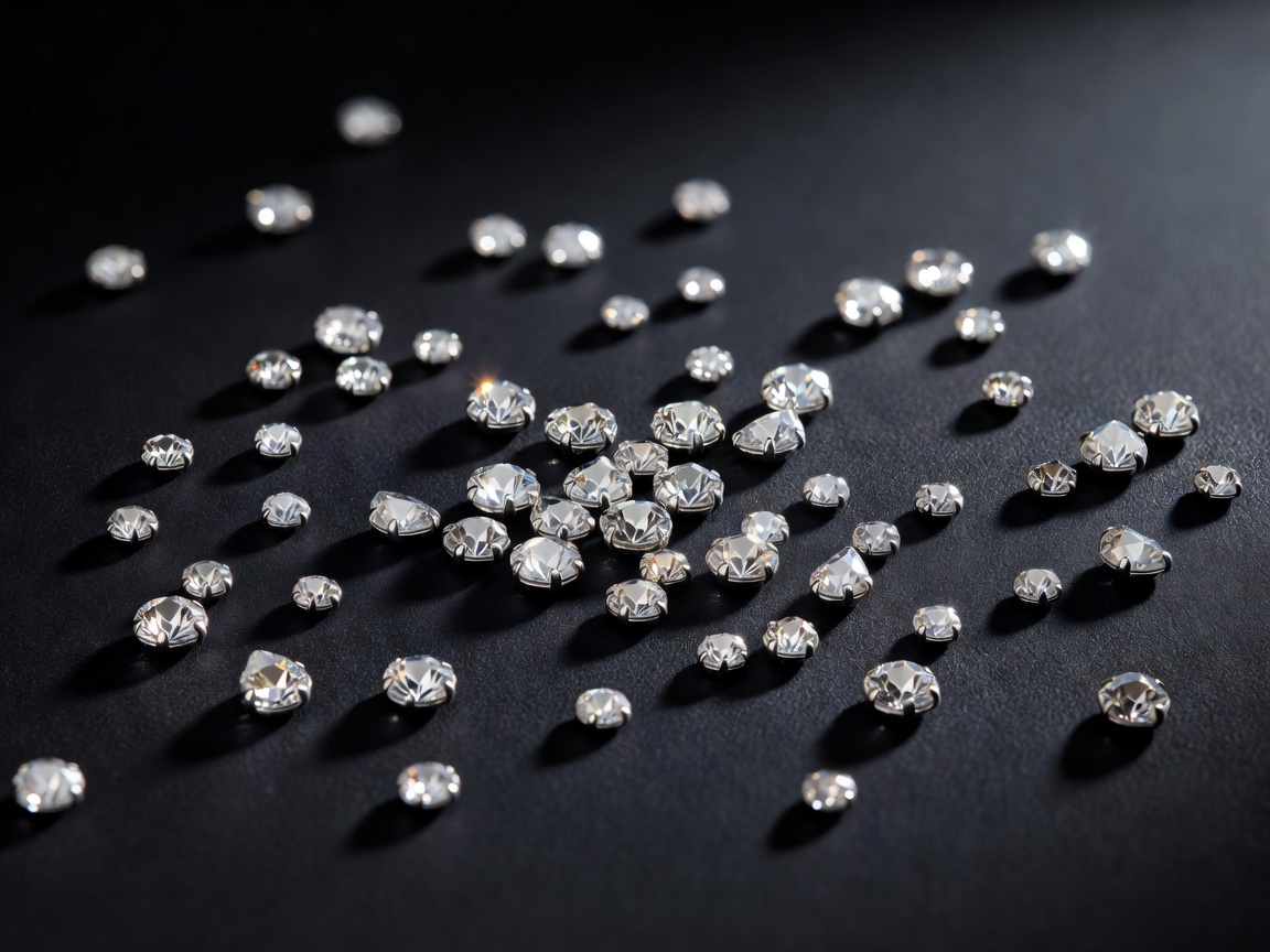 3D render of scattered silver rhinestone face gems on a dark surface